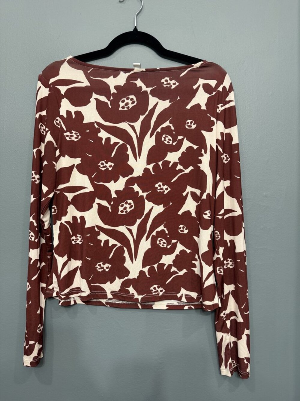 Topshop Burgundy Cream Floral Print Long Sleeve Boat Neck Stretch Top US 12